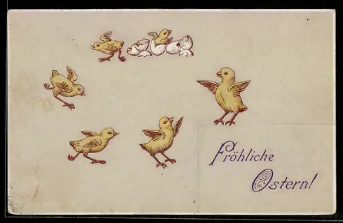 AK Kleine Osterküken rennen im Kreis