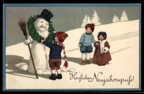 Künstler-AK Kinder mit ihrem Schneemann, Glückliches Neujahr