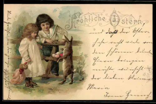 Lithographie Zwei Kinder mit dem Osterhasen
