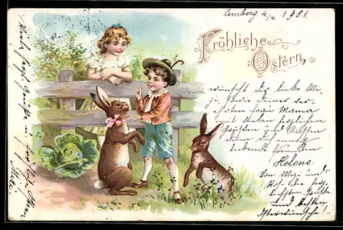 Lithographie Kinder mit zwei Osterhasen