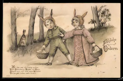 Lithographie Niedliche Kinder mit Hasenohren und Osterkörbchen, Osterhase