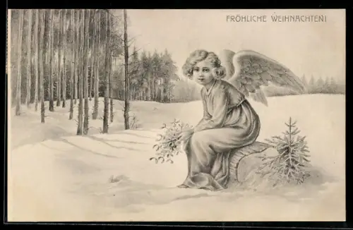 AK Weihnachtsengel mit Mistelzweig sitzt auf einem Baumstamm, Weihnachtsgruss