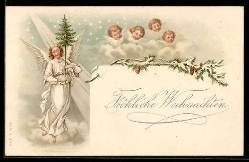 Lithographie Weihnachtsengel mit Tannenbaum in den Wolken