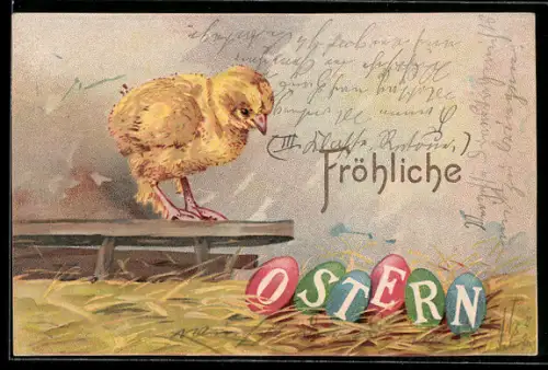 AK Süsses Osterküken mit bunten Ostereiern