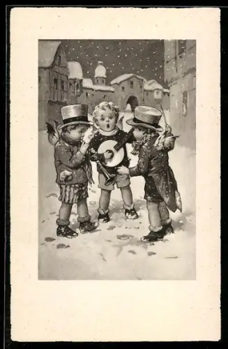 AK Drei kleine Weihnachtsengel musizieren im Schnee