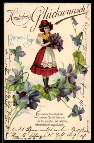 Präge-AK Gesund und heiter wandle Du..., Fräulein mit Blumen, Namenstag