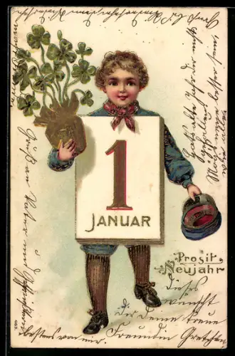 Lithographie Junge mit Kalenderblatt und Kleeblättern im Topf, Neujahr