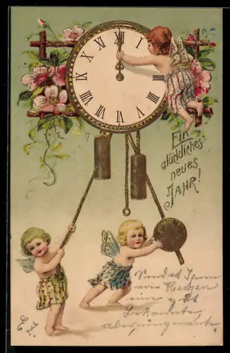 AK Neujahrsengel rücken den Zeiger der Uhr auf Mitternacht, Glückliches neues Jahr