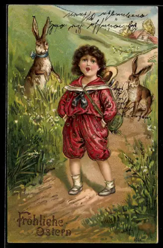 Präge-AK Fröhliche Ostern, Mädchen mit Osterhasen am Wegesrand