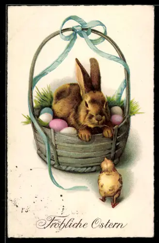 AK Osterhase betrachtet aus dem Osterkorb heraus das kleine Küken, Fröhliche Ostern
