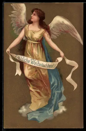 AK Fröhliche Weihnachten, Weihnachtsengel hält Banner in den Händen