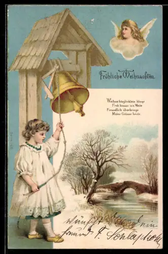 Lithographie Weihnachtsengel, Kind läutet Glocke