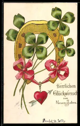 Lithographie Kleeblätter und Hufeisen mit Schleifen und Herz, Neujahrsgrüsse