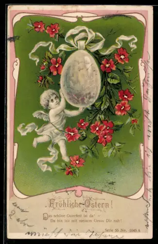 Lithographie Fröhliche Ostern!, Osterengel mit Ei und Blumen
