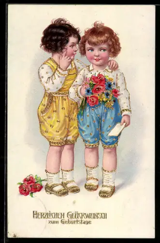 AK Zwei Kinder mit Mohn- und Kornblumen, Geburtstag
