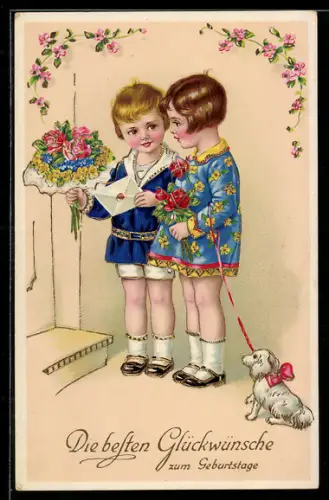 AK Zwei Kinder bringen einen Blumenstrauss und Brief, Geburtstag