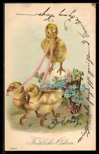 Lithographie Osterküken ziehen einen Karren