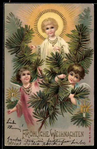 Lithographie Fröhliche Weihnachten, Weihnachtsengel und Christkind