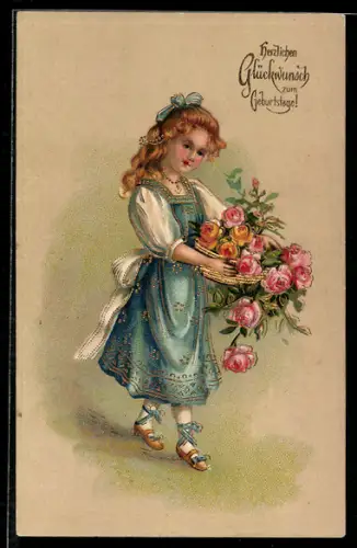 Präge-AK Mädchen mit Korb voller Rosen, Geburtstag