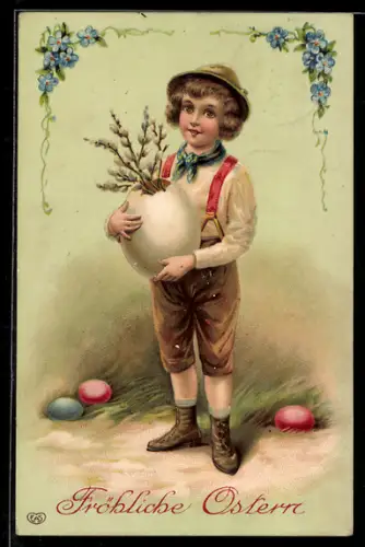 AK Fröhliche Ostern, Knabe in Tracht mit Weidenzweigen in einer Eierschale