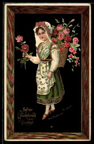 AK Mädchen mit Korb voller Rosen, Namenstag