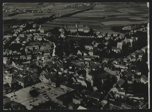 Fotografie Walter Hahn, Dresden, Ansicht Bischofswerda, Kirche und Platzansicht aus der Vogelschau