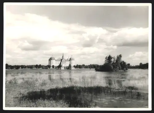 Fotografie Walter Hahn, Dresden, Ansicht Moritzburg, Schloss Moritzburg vom Wasser gesehen