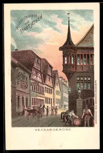 Lithographie Neckargemünd, Weinrestaurant zur Stadt Athen, Fachwerkhäuser, Strassenansicht