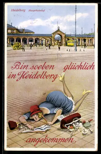 AK Heidelberg, Hauptbahnhof, humoristische Ankunftsszene