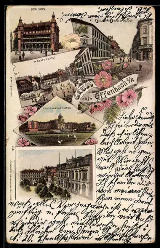 Lithographie Offenbach a. M., Schloss, Marktplatz, Stadtkrankenhaus, Oranienstrasse