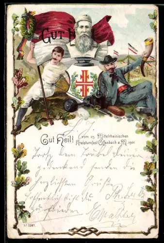 Lithographie Offenbach a. M., 25. Mittelrheinisches Kreisturnfest 1901, Turner mit Fahne und Büste Turnvater Jahn
