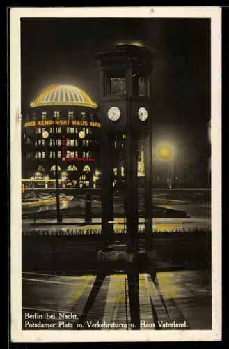 AK Berlin-Tiergarten, Potsdamer Platz, Verkehrsturm, Haus Vaterland, Nachtaufnahme