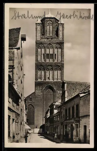 AK Stralsund, Jakobikirche, Westfassade, Gotischer Turm m. barocker Haube