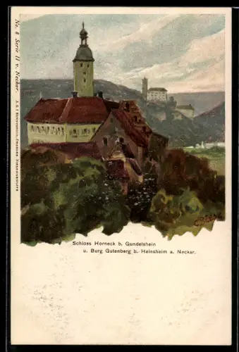 Künstler-Lithographie Carl Biese: Gundelshein, Schloss Horneck und Burg Gutenberg