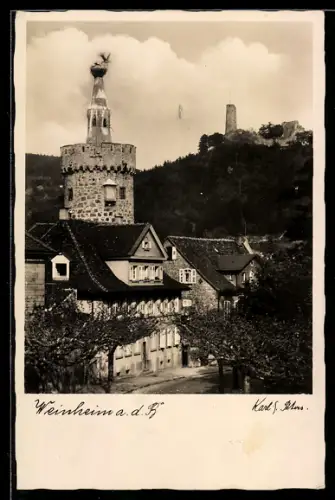 AK Weinheim a. d. B., Strassenpartie mit Ruine
