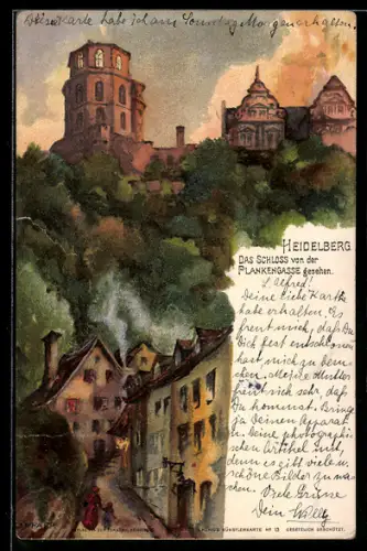 Künstler-AK C. Pfaff: Heidelberg, Schloss von der Plankengasse aus gesehen