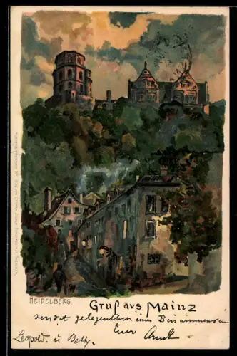 Lithographie Heidelberg, Blick aus der Stadt zum Schloss