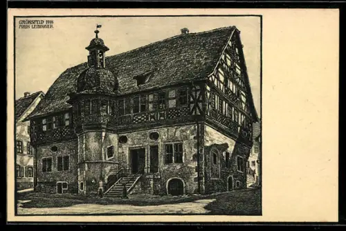 Künstler-AK Grünsfeld i. B., Blick zum Rathaus