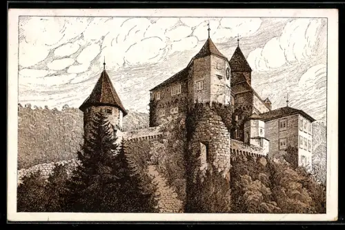 Künstler-AK Zwingenberg a. N., Schloss Zwingenberg, Uhrturm