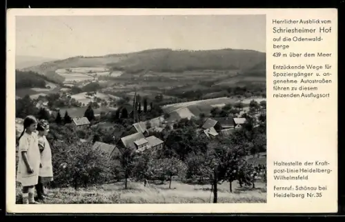 AK Schönau bei Heidelberg, Ausblick vom Hotel Schriesheimer Hof auf die Odenwaldberge