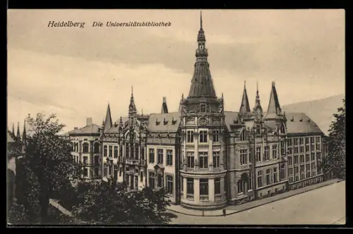 AK Heidelberg, Universitätsbibliothek mit Strasse aus der Vogelschau