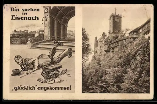 AK Eisenach, Mann ist am Bahnhof ausgerutscht, Burg