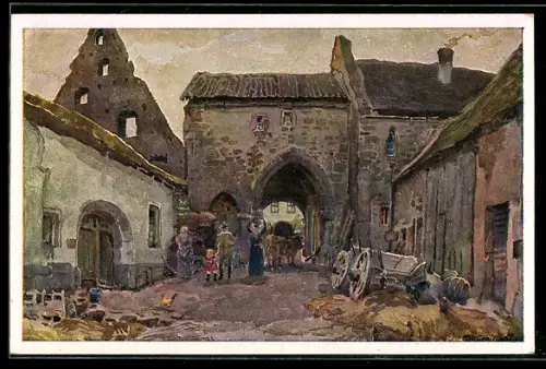 Künstler-AK sign. Aug. Croissant: Altleiningen /Bad Dürkheim, Kloster Höningen, Toranlage, ländliches Leben
