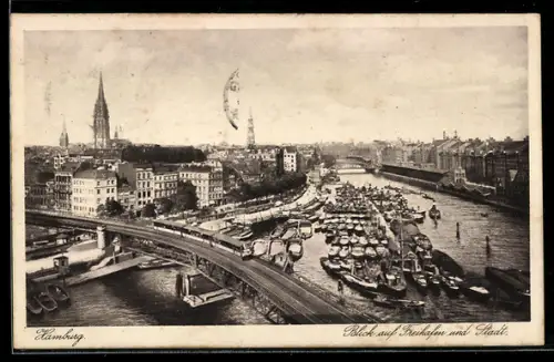 AK Hamburg, Blick auf Freihafen und Stadt, Boote
