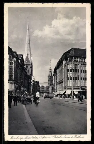 AK Hamburg, Mönckebergstrasse mit Petrikirche und Rathaus
