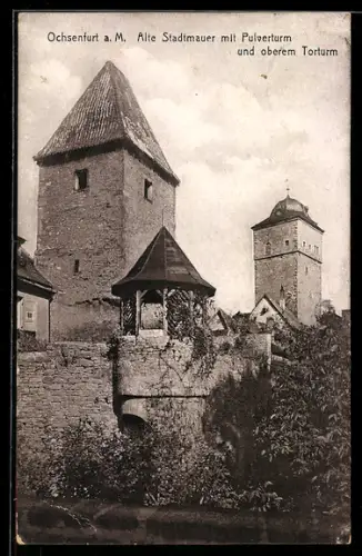 AK Ochsenfurt / Main, Alte Stadtmauer mit Pulverturm und oberem Torturm