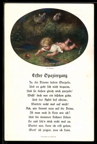 Künstler-AK sign. L. Knaus: Erster Spaziergang, kurzes Gedicht
