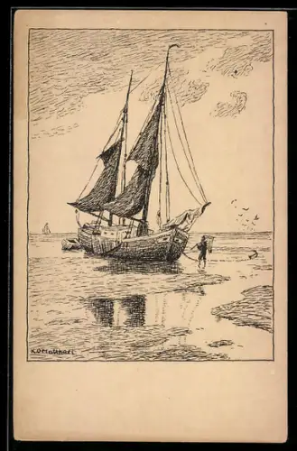 Künstler-AK sign. Karl Otto Matthaei: Schiff im Watt