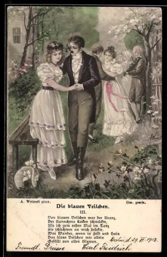 Künstler-AK sign. A. Weinert: Die blauen Veilchen, Mehrere Paare in einem Hof