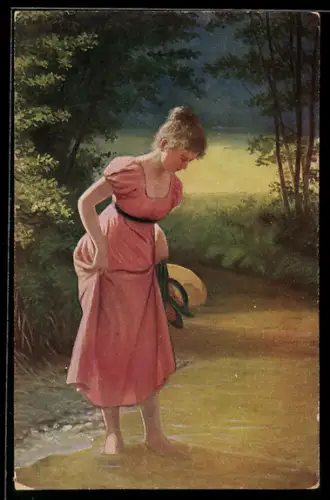Künstler-AK sign. Adolf Hering: Junge Frau am Bachesrand